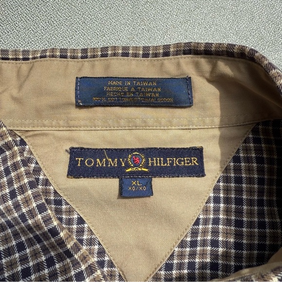 90s Tommy Hilfiger Button Up Brown Checkered M Long Sleeve Collared Shirt XL X0 - Picture 5 of 7